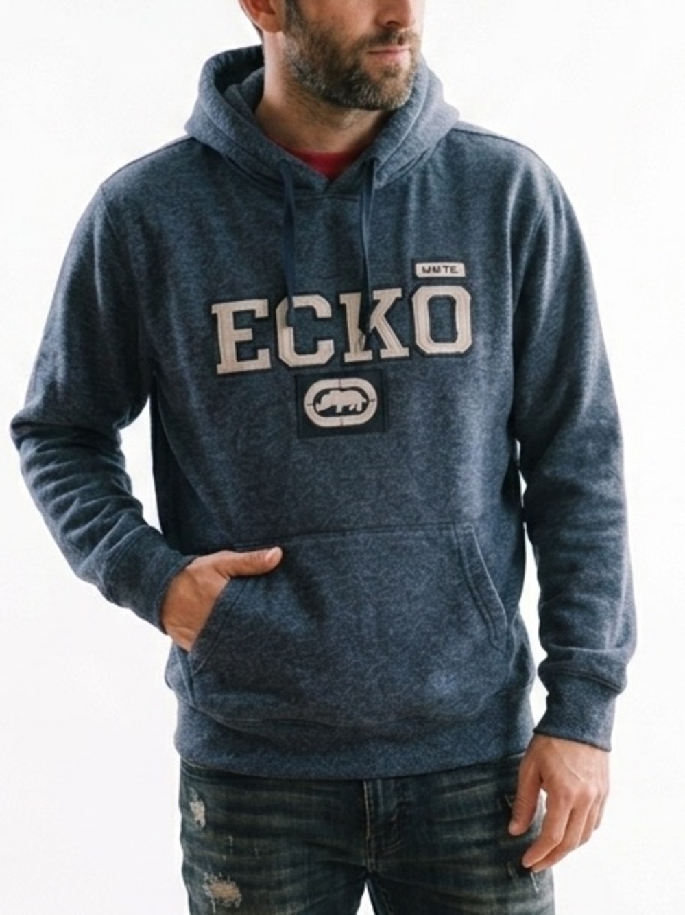 Y2K Ecko Unlimited Men's Heather Navy Hooded Pullover Sweatshirt Sz Large